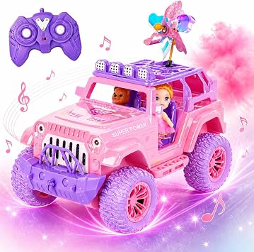 Remote Control Car for Girls with Spray and Sound, 2.4GHz Sparkling Pink RC | RC Cars for Kids with Dual Color Light & Doll, DIY Stickers, Windmill, Toy Cars Christmas Birthday Gift for Girls Age 6-12