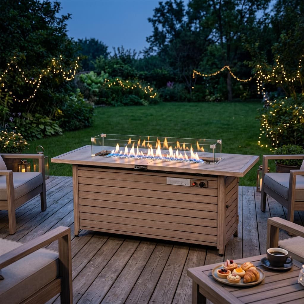 57 Inch 50000BTU Fire Table with Glass Wind Guard, with Cover and Table Lid, Nature Wood Coating
