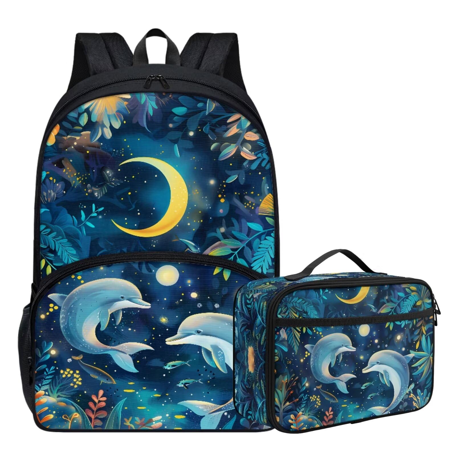 Parprinty Cute Animal Backpack Set for Girls Boys 17 Inch Floral Moon Dolphin Backpack with Lunch Box for Kids Elementary Student Padded Back