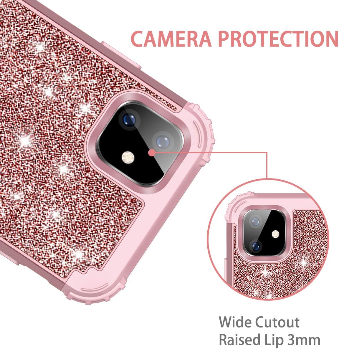 Hekodonk Compatible with iPhone 11 Case Luxury Sparkle Glitter Shiny Heavy Duty Hybrid Sturdy High Impact Shockproof Protective Cover Case for Apple iPhone 11 6.1 inch 2019 Shiny Rose Gold
