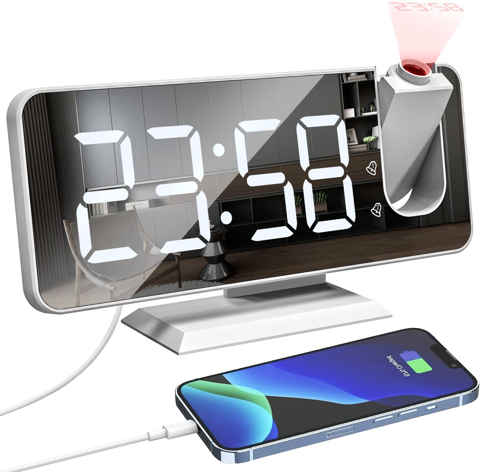 Sveglia Digitale Queta Con Proiettore - Temperatura, Umidit&agrave;, Doppia Sveglia, USB, Argento