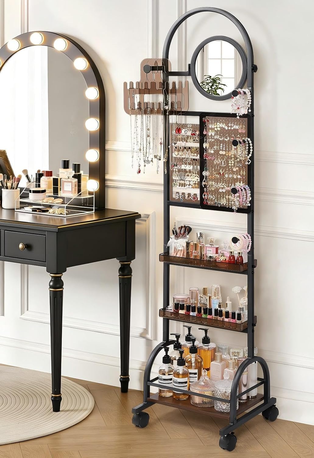 Mirror Jewelry Cabinet Standing, Jewelry Organizer and Storage with Jewelry Mirror, Jewelry Armoire with Earring Organizer Necklace Holder Bracelet Display, Large Tall Stand Up Jewelry Box Stand Tree