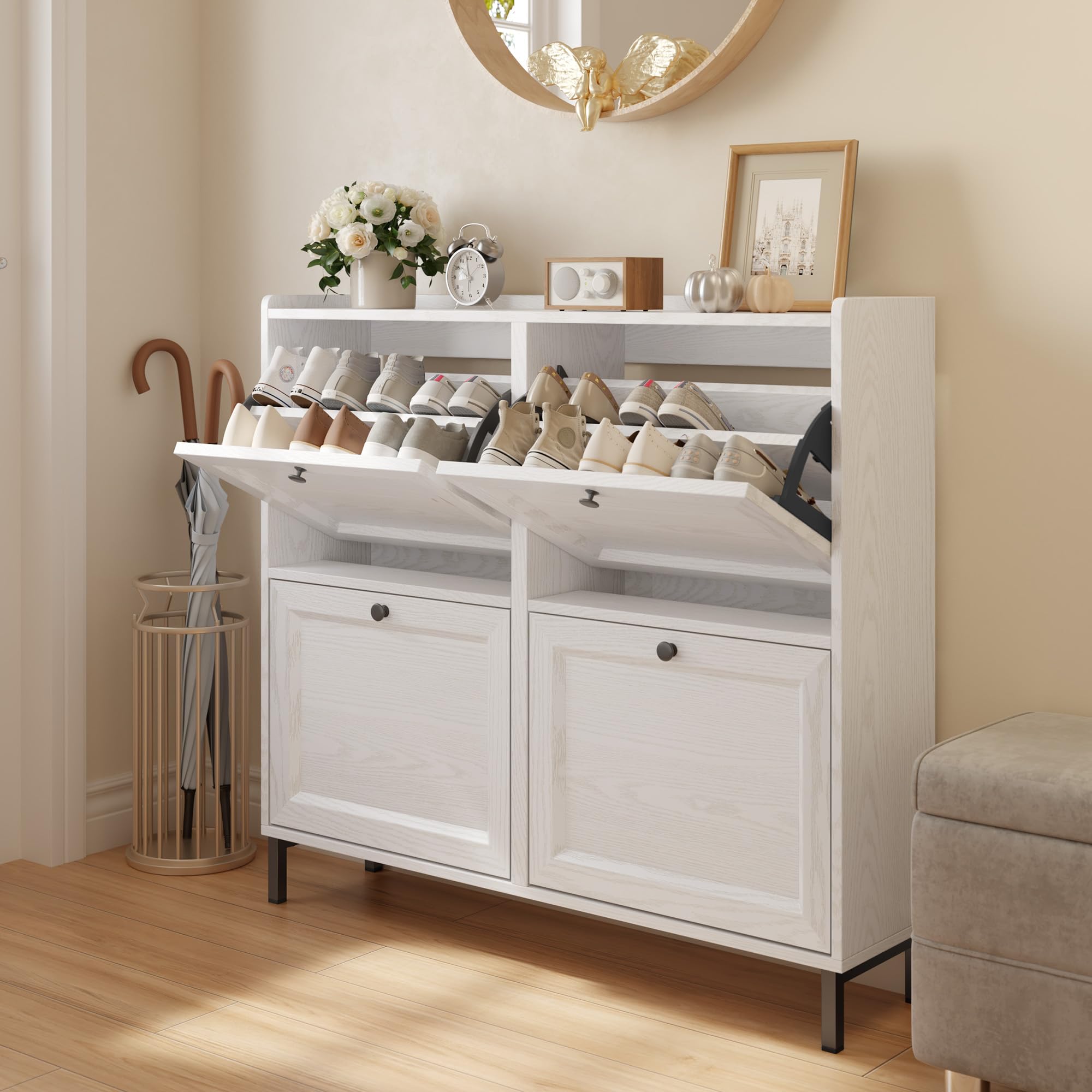 Bealife Schuhschrank mit 4 Klappen – dünner und moderner Schuhschrank mit eingezäunter Decke, Stauraum für Eingang/Flur, 99 x 24 x 91 cm, Kapazität 16 Paar (weiß)