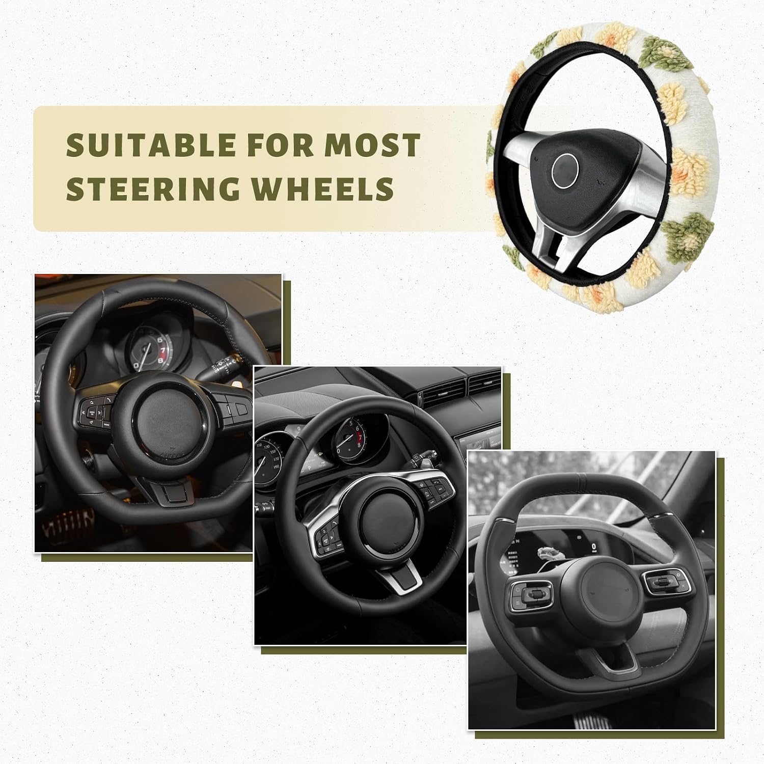 Plush Flowers Steering Wheel Cover, 15 inch Breathable Floral Steering Wheel Protector, Soft Fuzzy Wheel Cover Interior Decor for Cars Trucks SUVs, Car Accessories (Beige) image 5