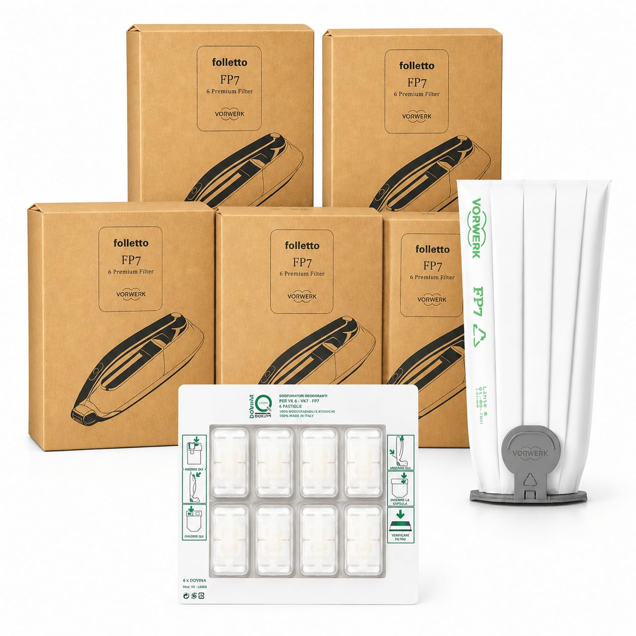 SACCHETTI ORIGINALI FOLLETTO FP7 KOBOLD + DOVINA - Filtrello Premium per VK7 VK7S, Conf. 6 Pezzi + 6 Profumini originali con Filtro HEPA Integrato 0,8L, Chiusura Igienica e Perle Anti Odore (5 Pacchi)