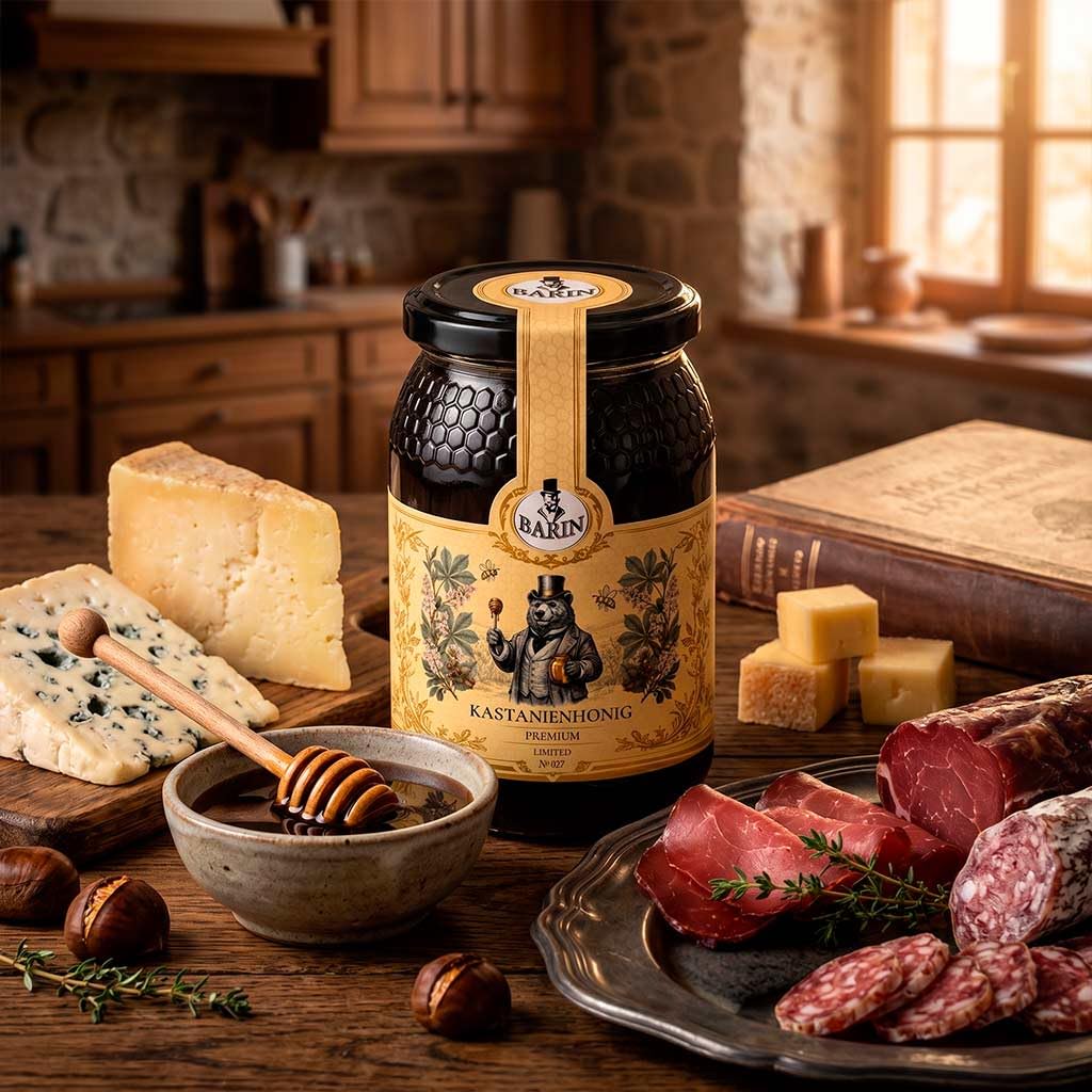BARIN Honig Geschenkset – 6 Sorten Premium Sortenhonig aus Portugal (6×500 g), Probierset im Geschenkkarton mit Holz-Honiglöffel, Orangen-, Eukalyptus-, Kastanien-, Heide-, Lavendel- &