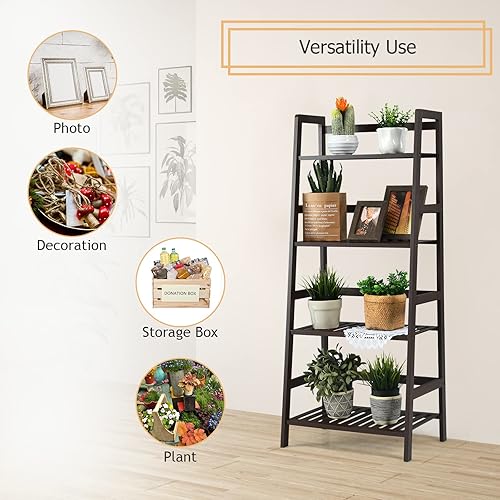 Miniatura 7 de COSTWAY Estante de escalera de 4 niveles, estante de bambú para plantas, estantería independiente, estantes de almacenamiento multifuncionales,
