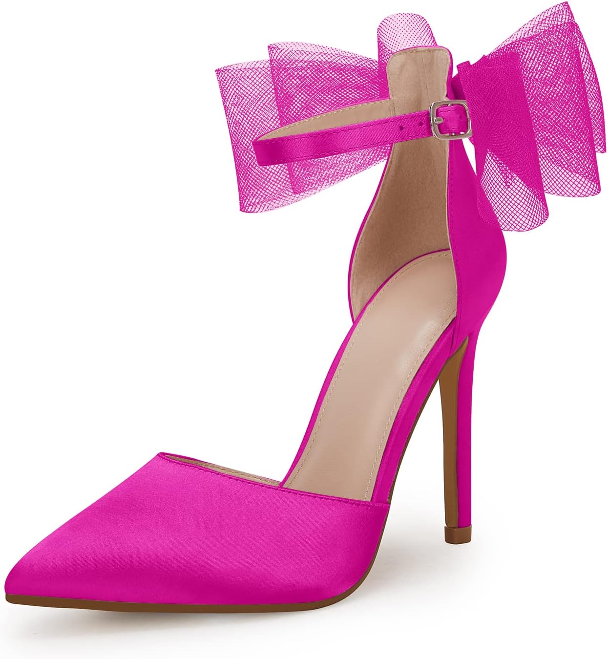 Coutgo Women's Closed Pointed Toe High Heels with Bow Knot Ankle Strap Satin Stiletto Pumps