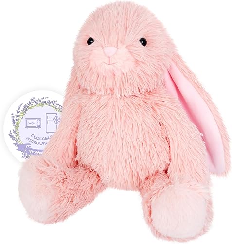 Almohadilla térmica de conejo rosa calentable y refrigerable para calmar y relajar, peluche de conejo rosa lavanda para molestias, animales de