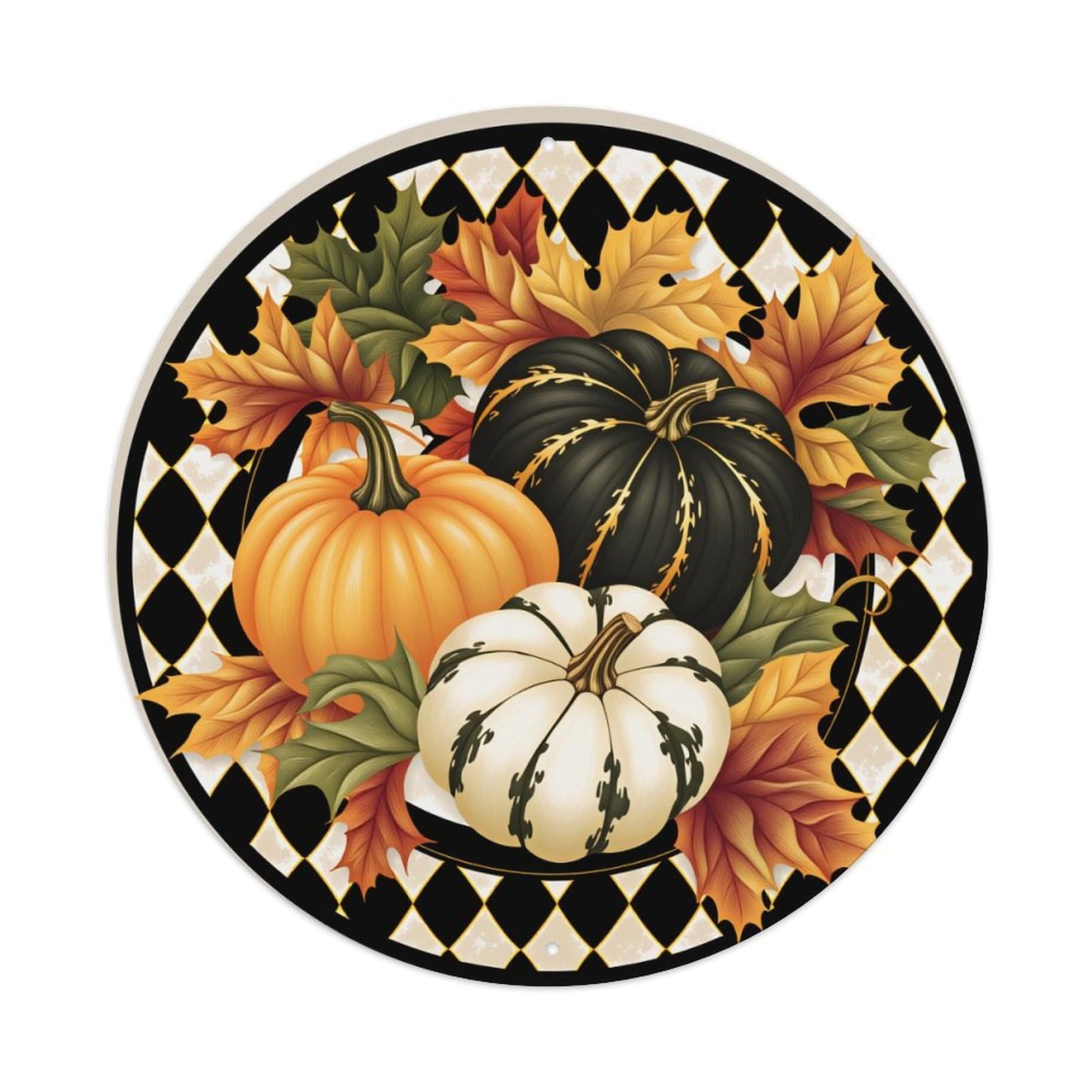 Pumpkins Leaves Harvest Pattern Circular Metal Tin Sign Plaque