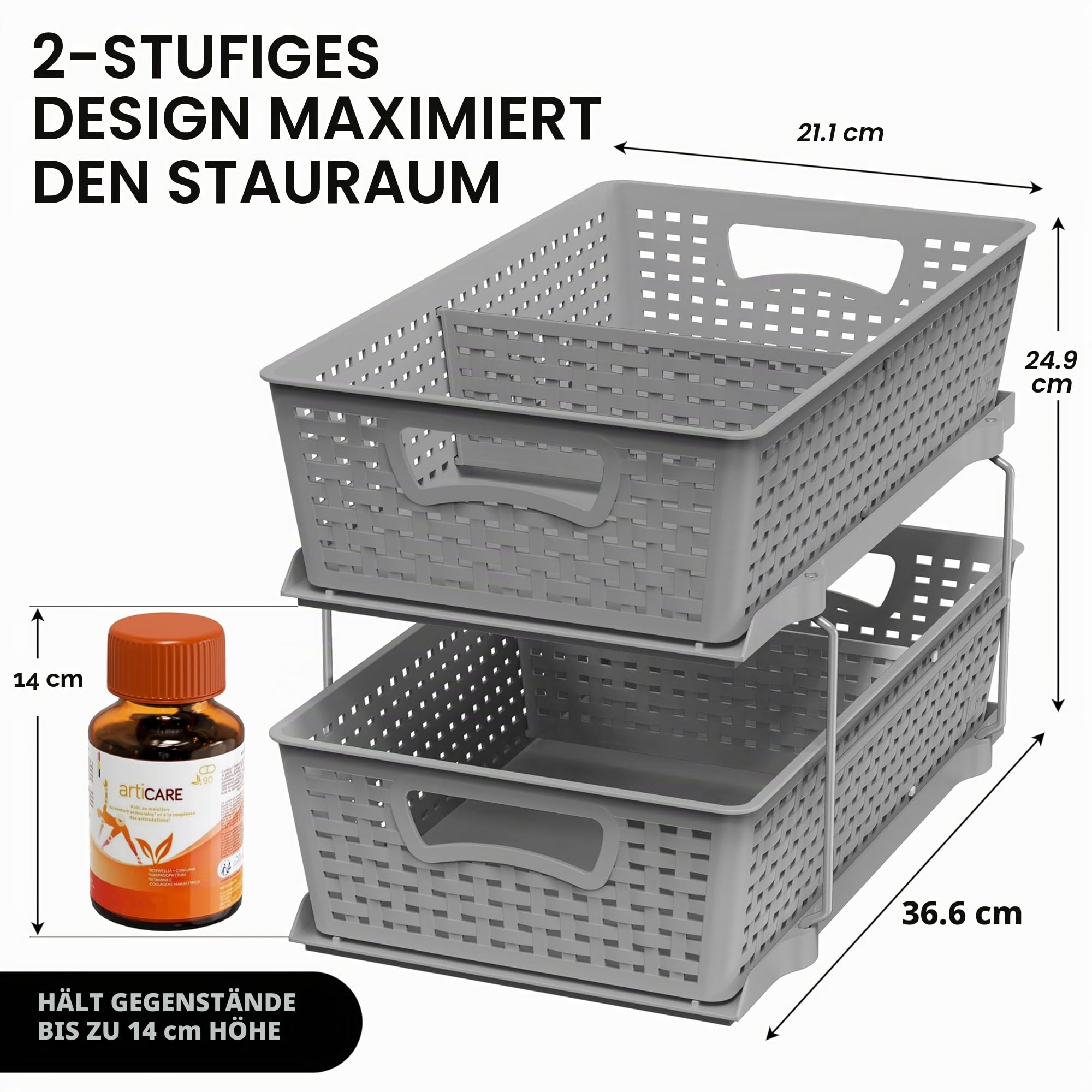 Simple Houseware 2-stöckiges Badezimmer-Organizer-Tablett, ausziehbare Schublade/Aufbewahrung unter der Spüle, Grau