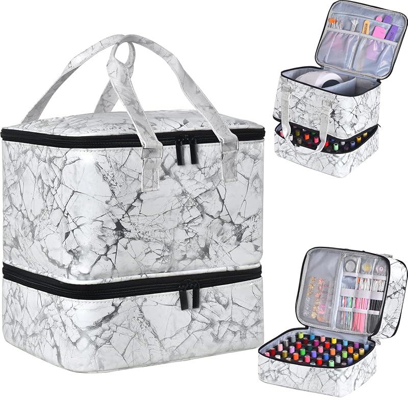 FCQQYWZ Maleta organizadora para esmaltes com duas camadas e alças, branca, para 42 ou mais frascos e 1 cabine de unhas