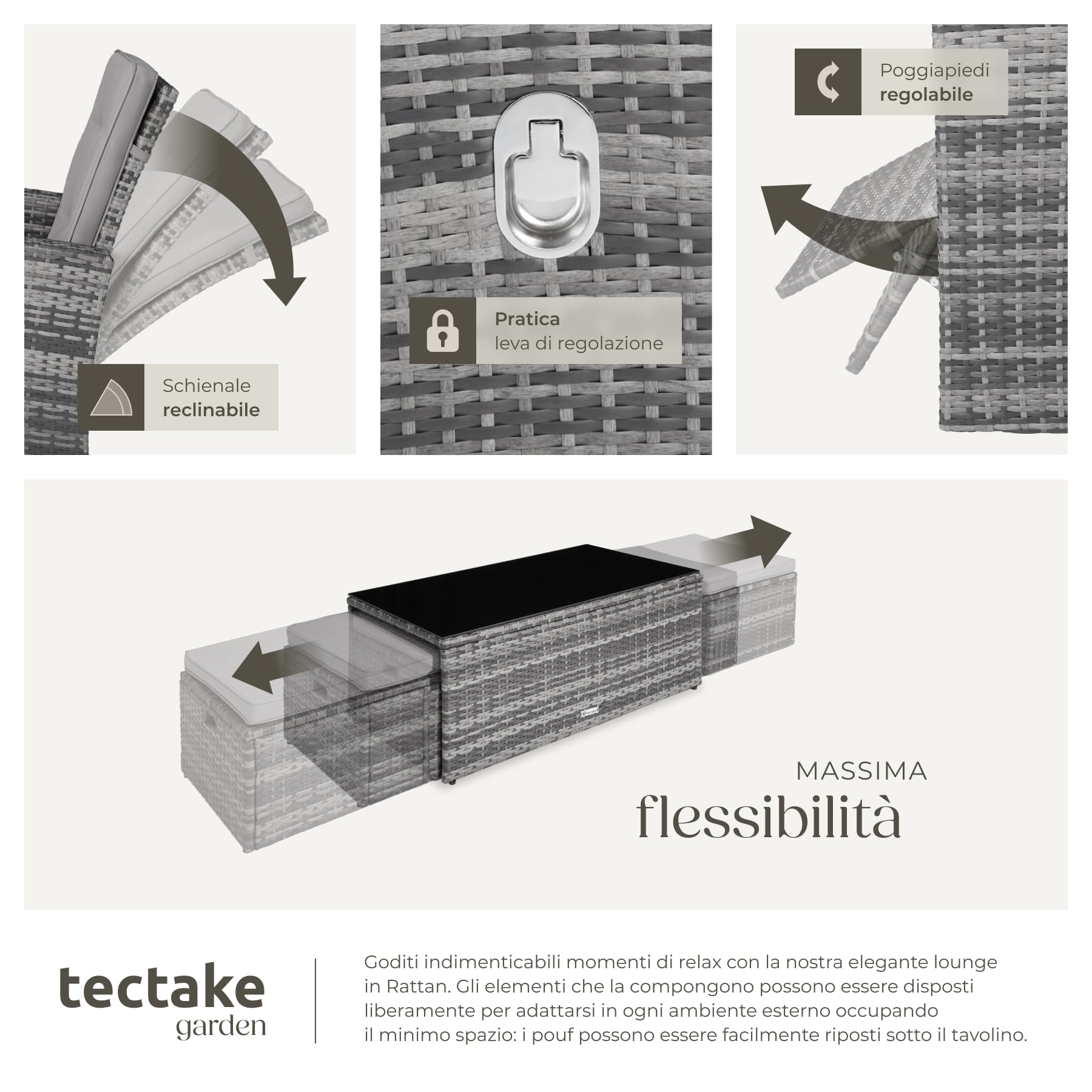 tectake® Set Salotto da Giardino Esterno in Rattan Bari, Telaio in Alluminio, Divano da Esterno e Poltrone da Giardino Regolabili, Imbottiture Idrorepellenti, Tavolo da Giardino con Vetro - Grigio