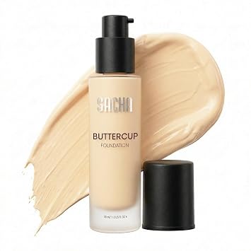 Sacha Buttercup Liquid Foundation Makeup Buildable Coverage, No Oxidation Long-Wear Formula for All Skin Tones with Seamless Shade Match Across Deeper Complexions 15 Shades, Perfect Beige, 1 Fl Oz