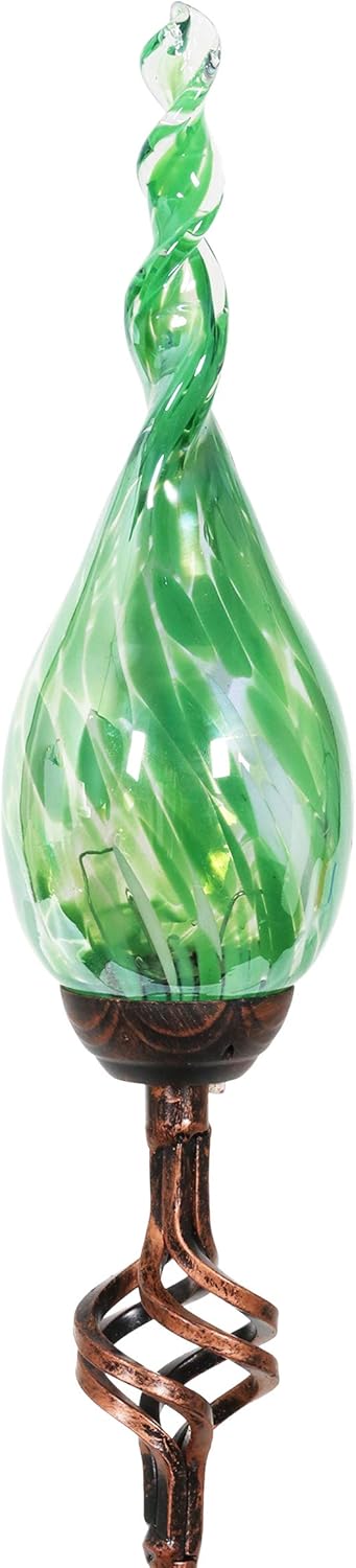 Exhart Garden Solar Lights, Decorative LED Flame Garden Stake, Hand Blown Glass and Metal Outdoor Decoration, Twist Green, 3 x 36 Inch