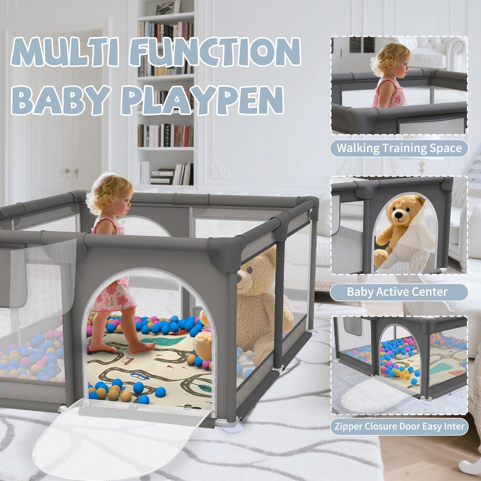 Laufstall Baby mit Matte, Laufgitter Baby mit Atmungsaktivem Netz und Reißverschluss für Wohnungen, Kleinkinder Laufstall mit 4 Saugnäpfen, Innen&Außen (120 * 120cm)