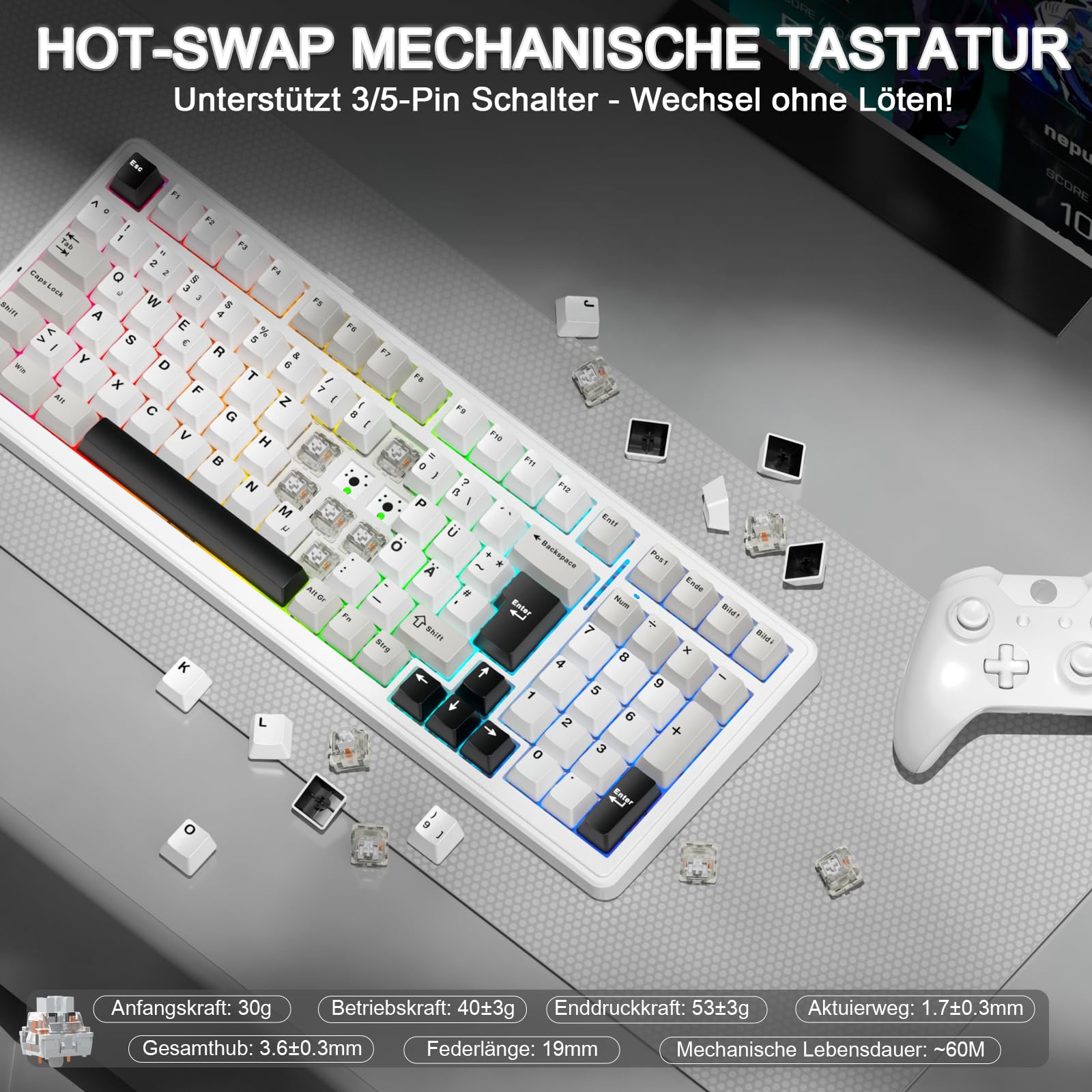 AULA F99 Kabellose Gaming Tastatur Mechanisch QWERTZ DE-Layout BT5.0 2.4G USB-C Gasket Hot Swap RGB PBT 8000mAh 95% (Weiß Grau)