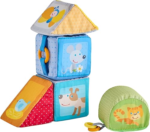Miniatura 4 de HABA Bloques suaves de animales para bebés de 6 a 12 meses – 5 juguetes sensoriales para bebés de forma geométrica con sonajero, espejo, chirriante