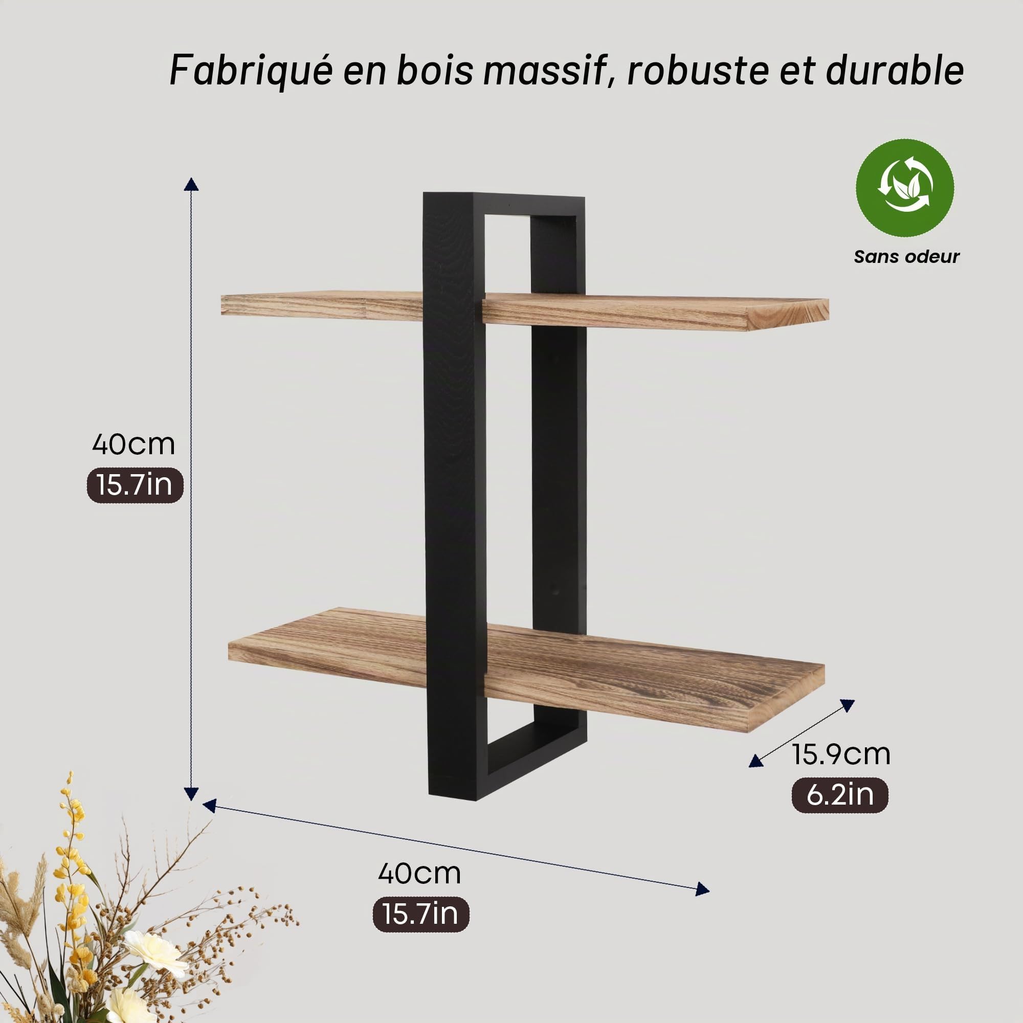 Lot de 2 étagères murales de rangement et de présentation pour salon, chambre à coucher, salle de bain, cuisine et bureau (noir + noir carboné)