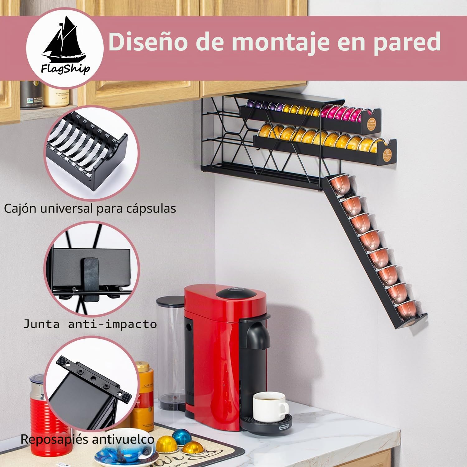 FlagShip Soporte para cápsulas Nespresso de 3 niveles y organizador de cápsulas de café Vertuo, almacenamiento de metal negro que ahorra espacio con capacidad para más de 30 cápsulas, se adapta a