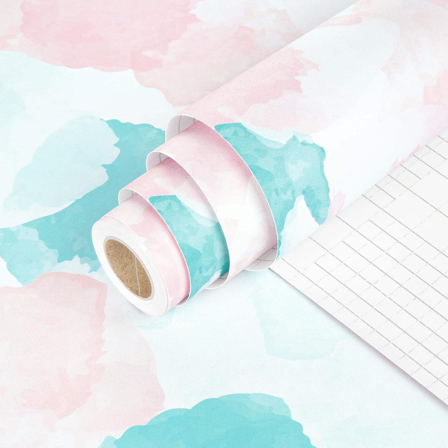 Boho Peel and Stick Wallpaper Watercolor Abstract Pink/Green Geometric Wallpaper for Bedroom Bathroom Walls 17.5"x78.8" Self Adhesive Removable Contact Paper for Cabinets Countertops Shelves