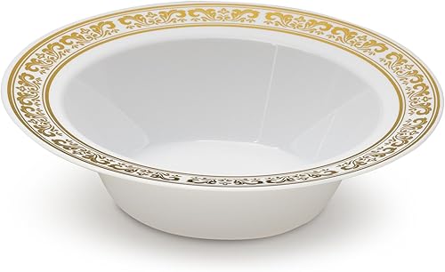 Miniatura 4 de 10 unidades  Cuencos de 5 onzas Laura Stein Vajilla de diseñador de plástico pesado de primera calidad con borde de diseño dorado, platos