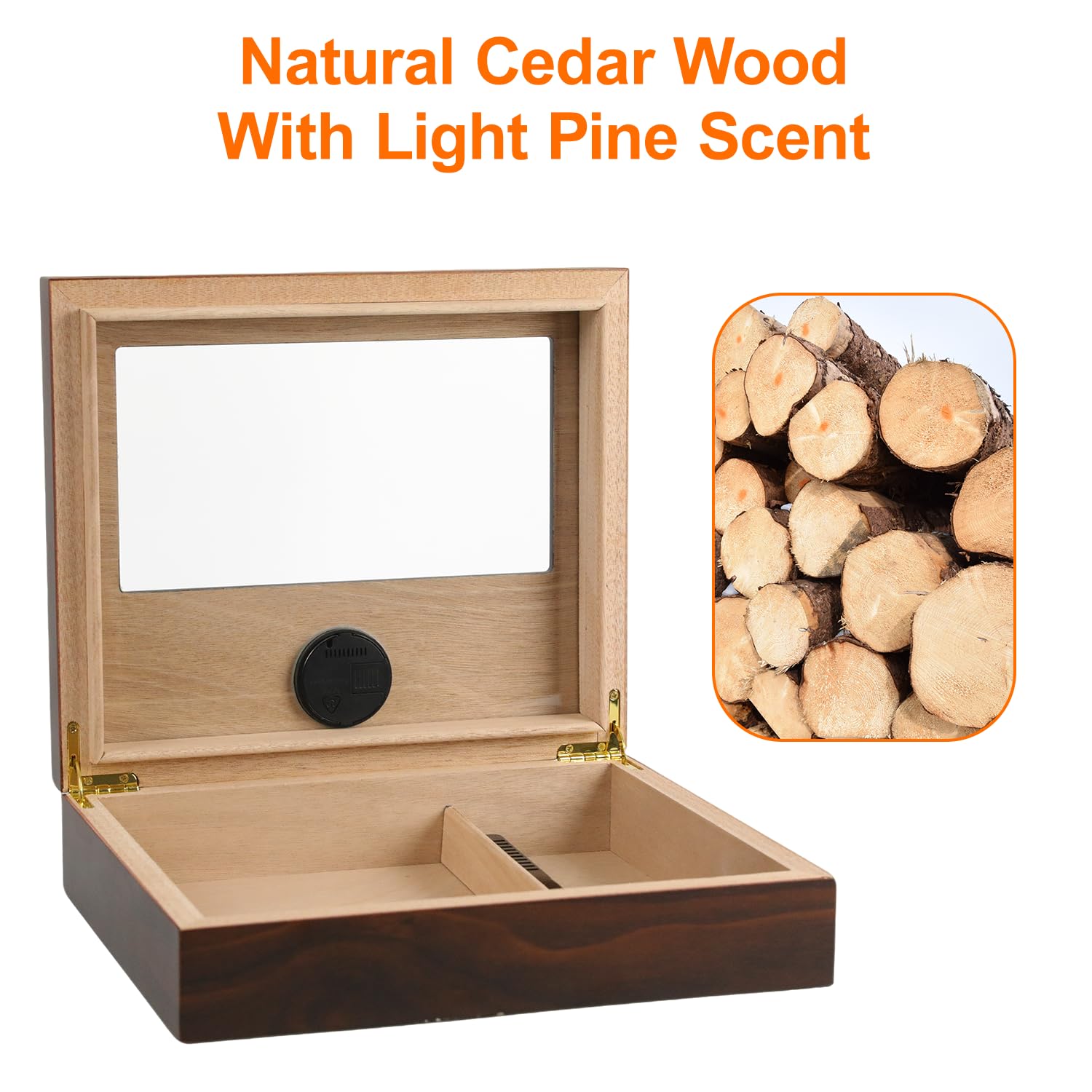 JOSTART Cave à cigares, 20-25 en bois de cèdre avec humidificateur, hygromètre, cadeau de Noël ou d'anniversaire pour papa, mari, grand-père, super étanche, boîte à cigares en verre avec séparateur