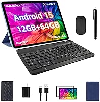 TUOHAITIME Android 15 Tablet 10.1" 12GB RAM 64GB+1TB Expand, 2-in-1 with Keyboard Case Stylus WiFi6 Octa-Core Blue