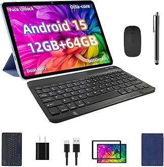 Android 15 Tablet, 12GB+64GB+1TB Expand, 10 Tablet Bundle with Keyboard Case, Stylus Pen, Octa-core CPU, Dual Camera, WiFi6, 6000mAh Battery+18W Fast Charge, Support Face Unlock,Blue