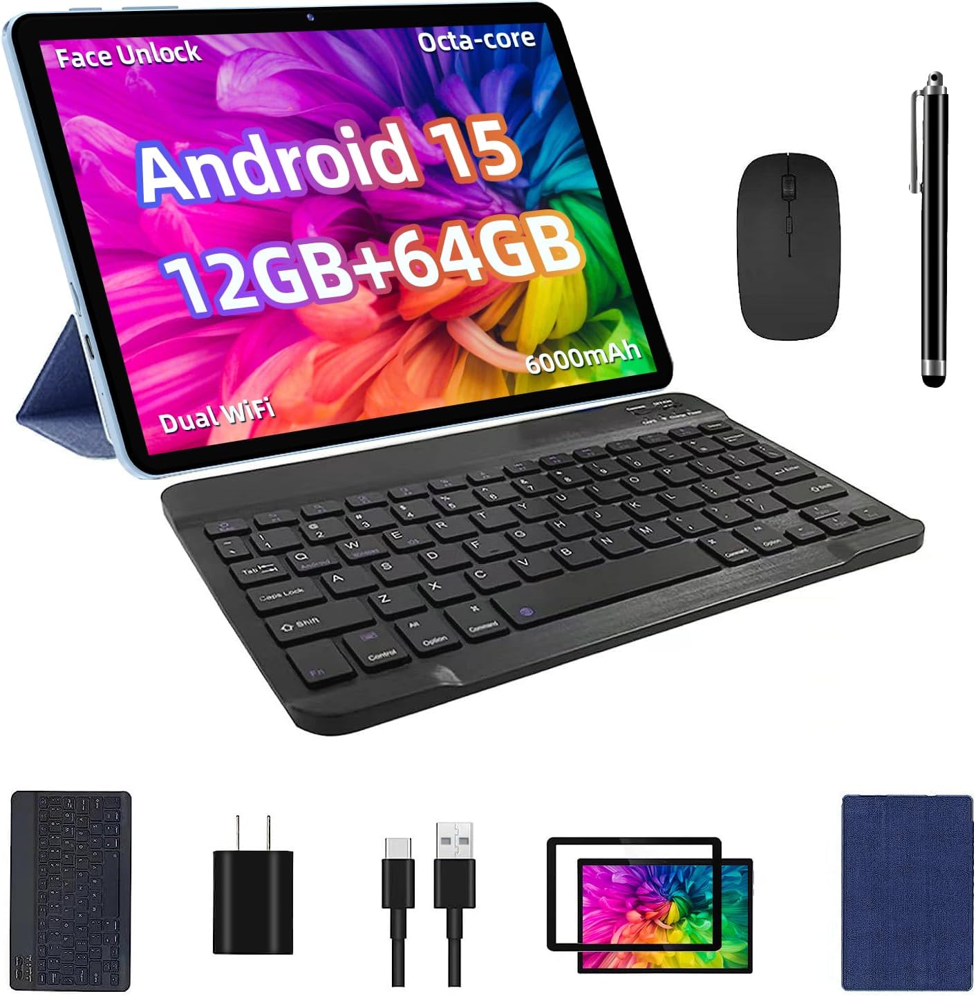 TUOHAITIME Android 15 Tablet, 12GB+64GB+1TB Expand, 10inch Tablet Bundle with Keyboard Case, Stylus Pen, Octa-core CPU, Dual Camera, WiFi6, 6000mAh Battery+18W Fast Charge, Support Face Unlock,Blue