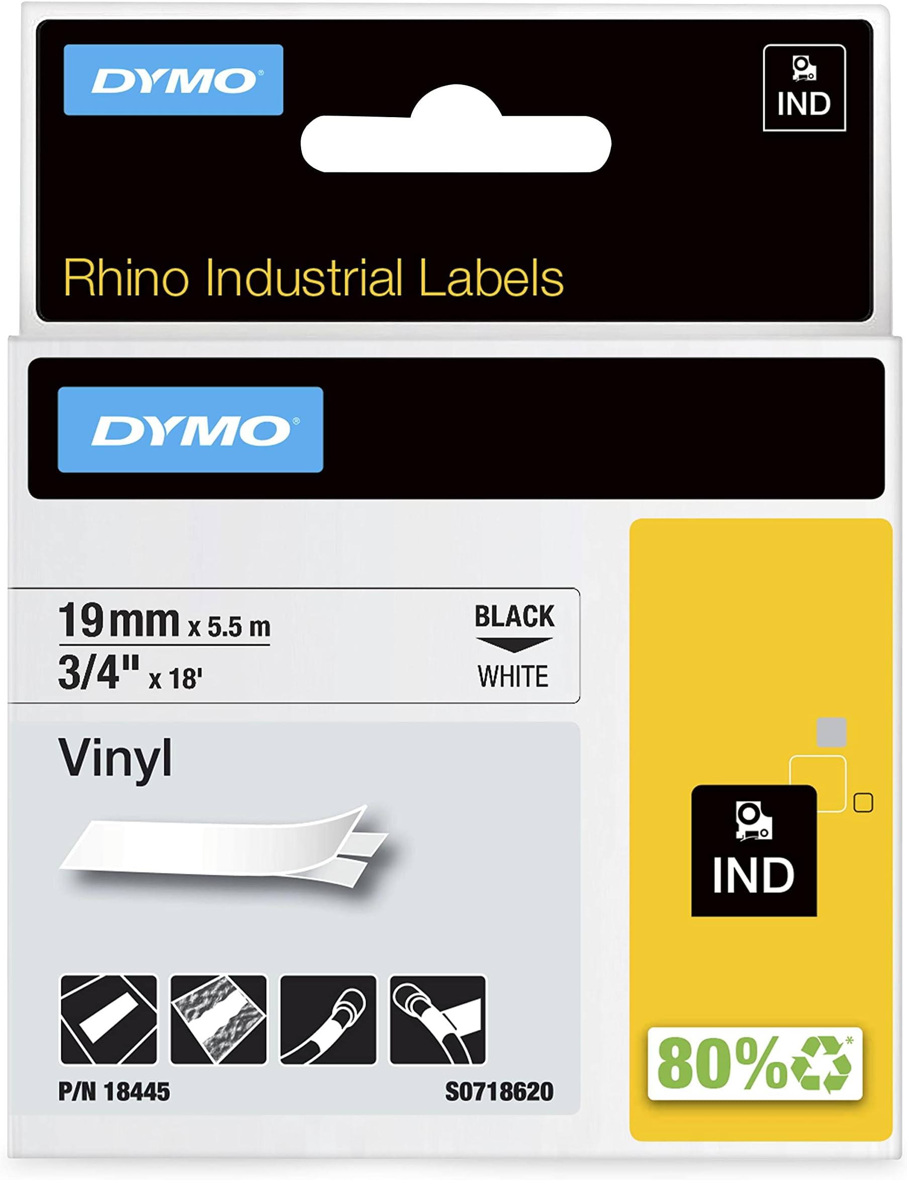 RHINO TAPE 19MMX5.5M WHITE VINYL, 3/10.2 cm White Vinyl Labels Black on White, 18445