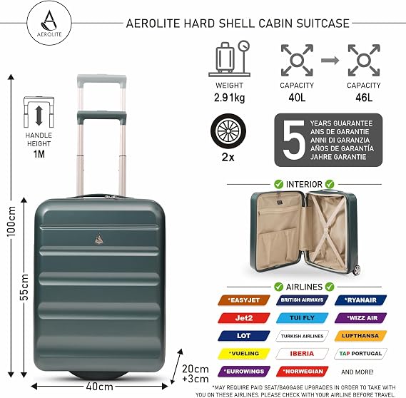 Aerolite 55x40x20 Expandable Ryanair Priority Cabin Suitcase, 2 Wheels