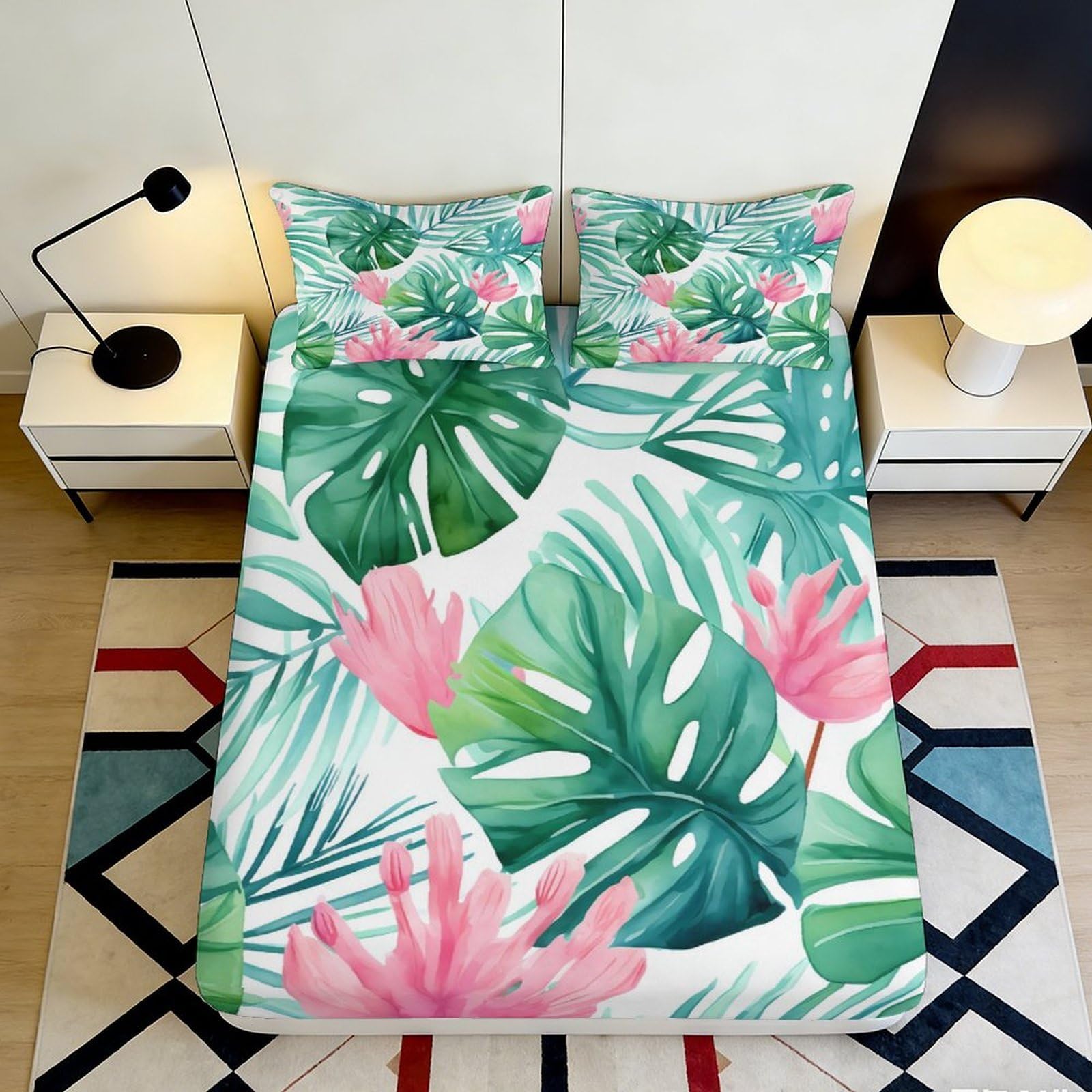 3D Printed Tropical Leaves Fitted Sheet Microfiber Non-Slip Deep Pocket Bedroom Bedding Set Tropical Mattress Fitted Cover Full Wrap Washable for Home 200x200x25cm 90x200x25cm