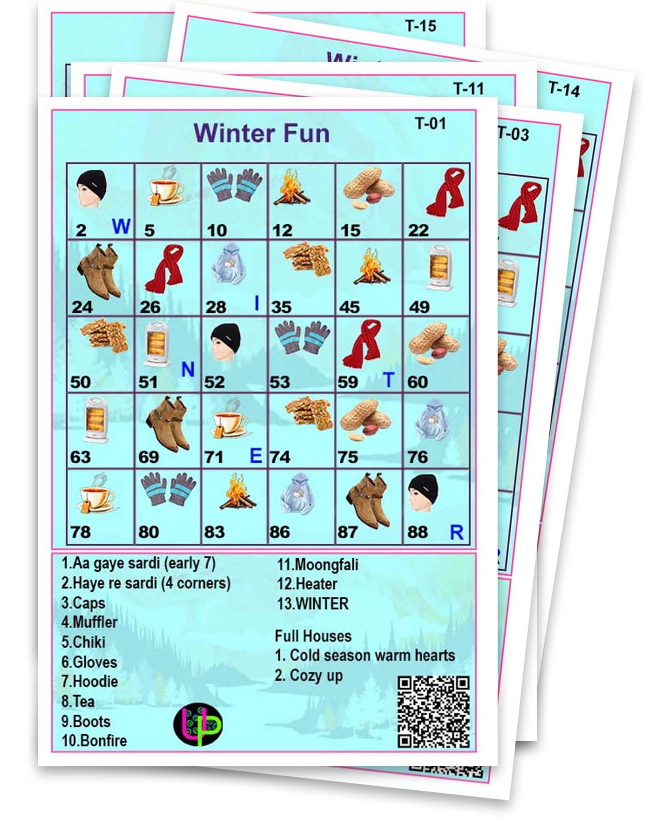 UltPult Tambola Winters Theme Tambola Tickets- Winter Fun Theme | Eng | Fun & Engaging Bingo Housie Game for Kitty Parties, Friends & Family Gatherings (Set of 15 Tickets)
