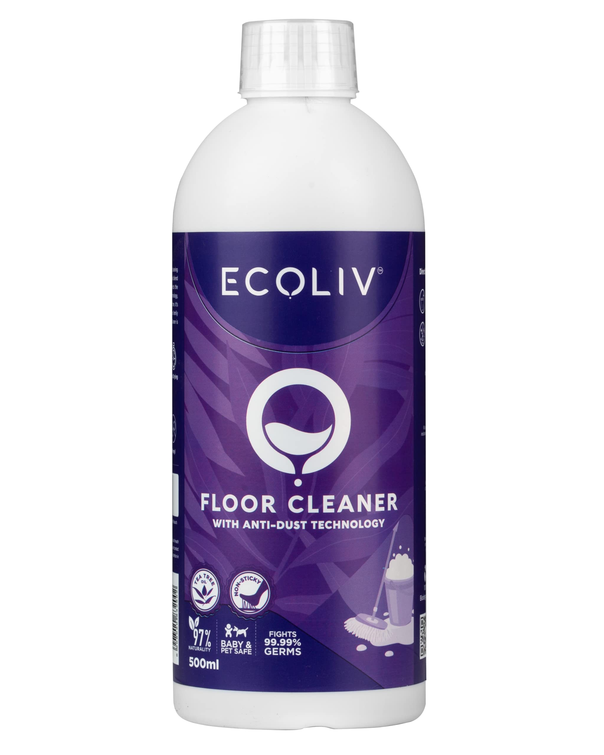 Ecoliv Floor Cleaner Liquid 500 ml Bottle, Pack of 2 | Advanced Anti Dust Technology | Natural Cleaning Power | Streak-Free, Residue-Free | Enhances Floor Hygiene and Freshness