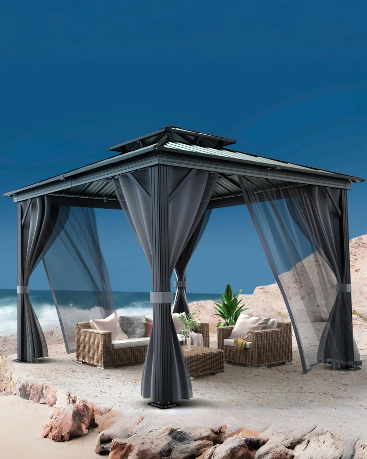 8'X8' Hardtop Gazebo, Outdoor Double Roof Galvanized Steel Gazebo, Aluminum Heavy-Duty Steel Top Canopy with Mosquito Net & Privacy Curtain for Patio, Porch, Garden, Lawn, Deck, Backyard,Gray