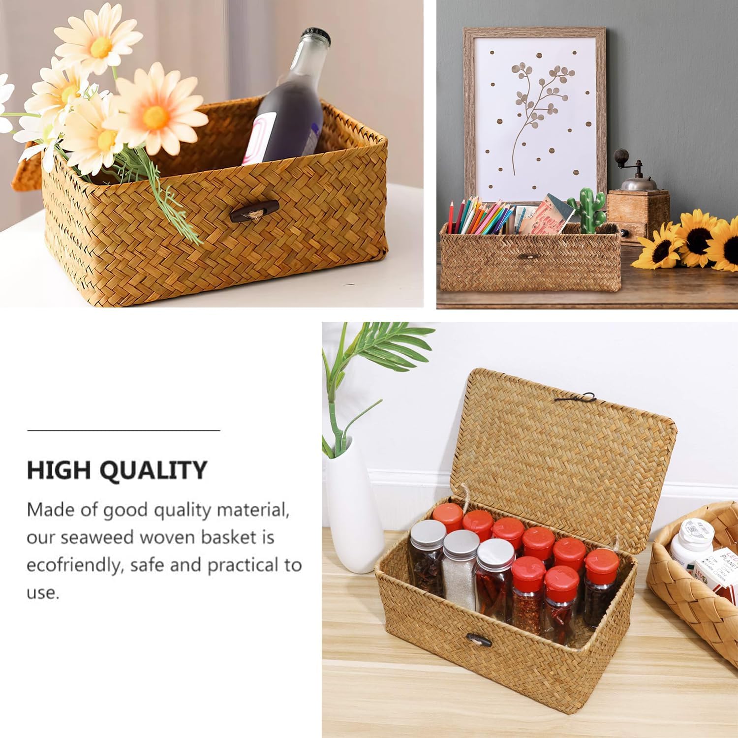 TOOSOAR® 2 Piece Wicker Storage Basket, Wicker Basket Lid with Lid, Rectangular Wicker Basket with Compartment for Organizing Snack Toys