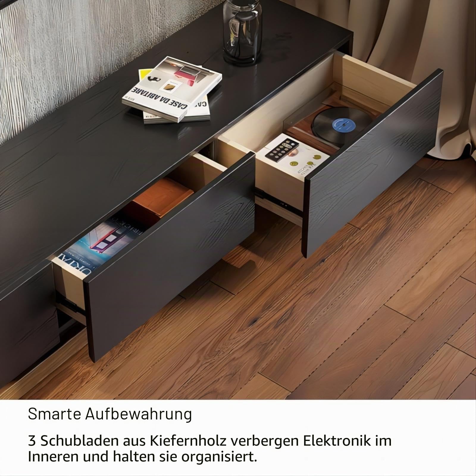Homary Ausziehbarer TV-Ständer, ausziehbare Medienkonsole mit 3 Schubladen, modernes Entertainment-Center bis zu 120 Zoll (Schwarz & Walnuss)