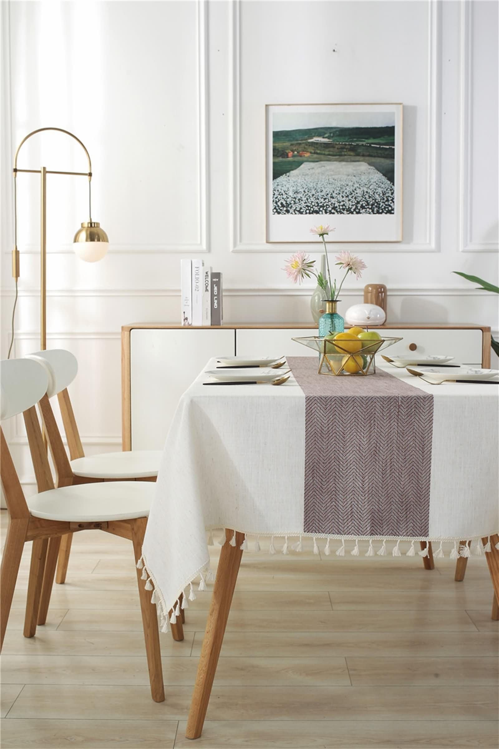 Mantel Rectangular Púrpura Claro Antimanchas, Empalme de Rayas Onduladas con Borlas, de Poliéster y Lino Elegante, 140 x 180 cm, Mantel para Hogar y Cocina