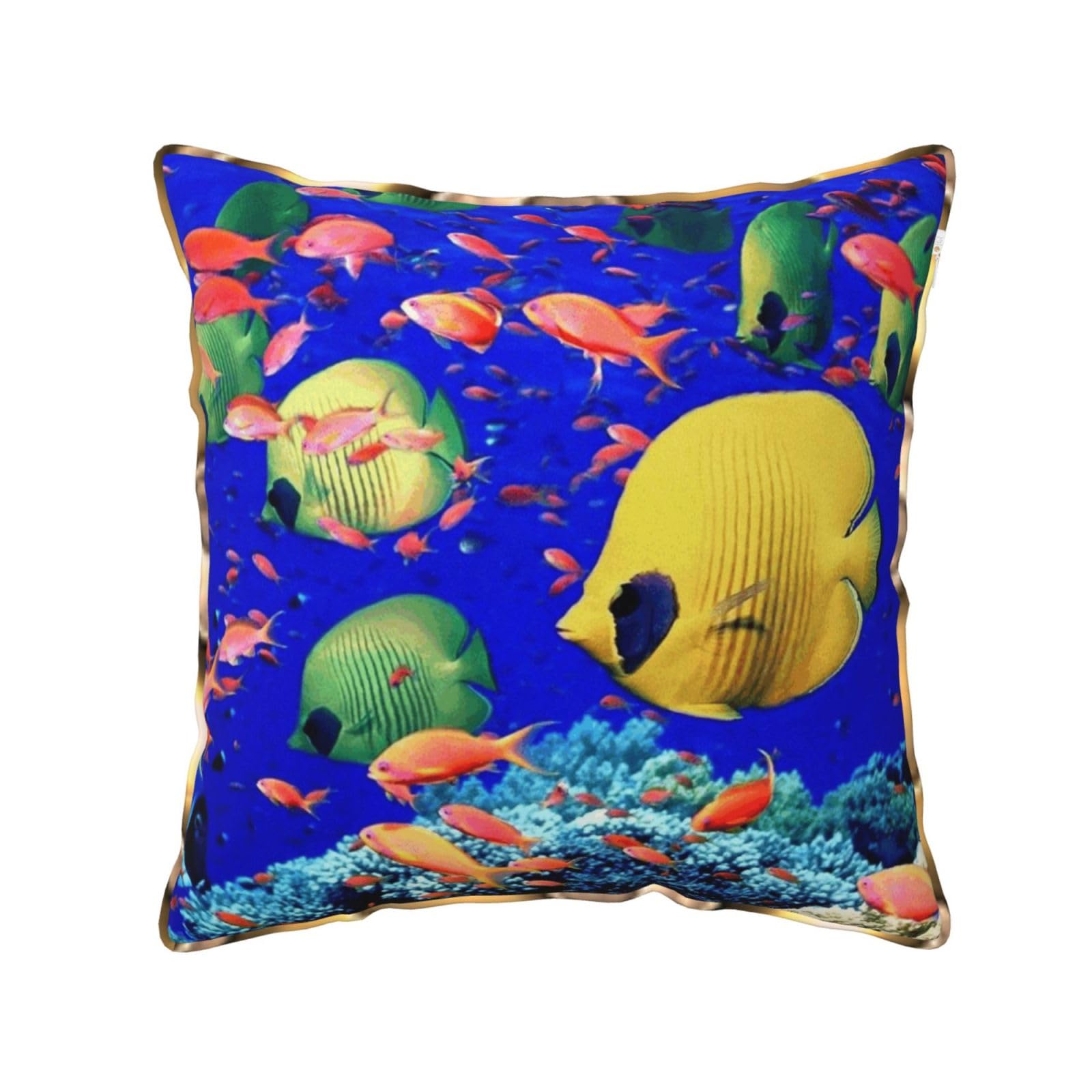 AUBKFELD Sea Fishes Printed Velvet Cushion Cover 45x45 CM with Gold Edging Strip, Square Pillowcase Soft Throw Pillow Covers Case Decorative for Living Room Sofa Couch Bed Bench
