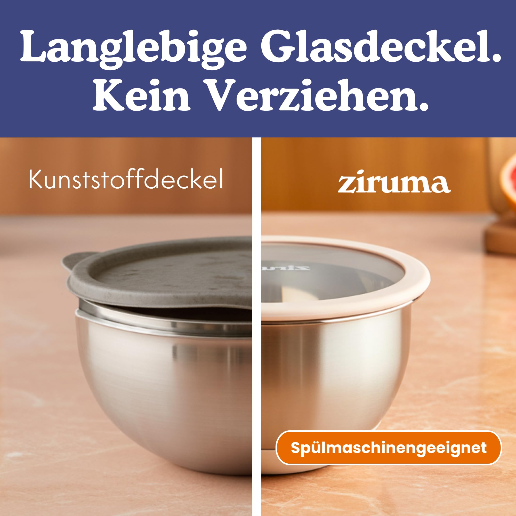 Ziruma Rührschüsseln-Set mit Deckeln, 5-teilig, Edelstahl & Glas, BPA-frei, spülmaschinenfest, rutschfester Silikonboden, mit Messskala, stapelbar – 0,95/1,9/2,4/3,3/4,3 Liter