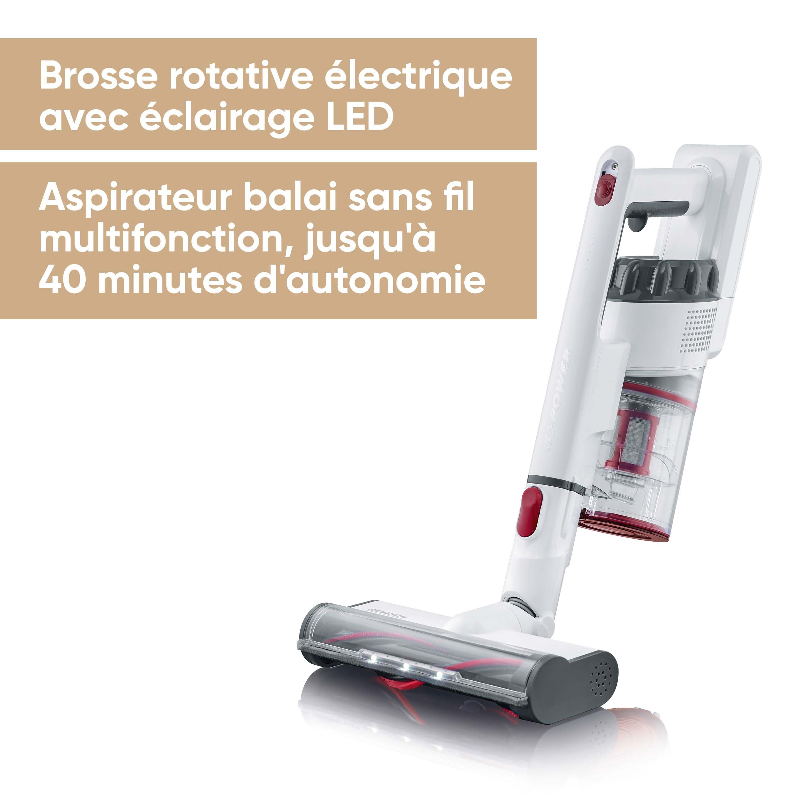 Severin Aspirateur Balai Multifonction sans Sac 22,2V sans Fil, 40 Min. d'autonomie, Brosse rotative High-Speed, Aspirateur Puissant avec éclairage LED, Filtre HEPA, Blanc, HV7152