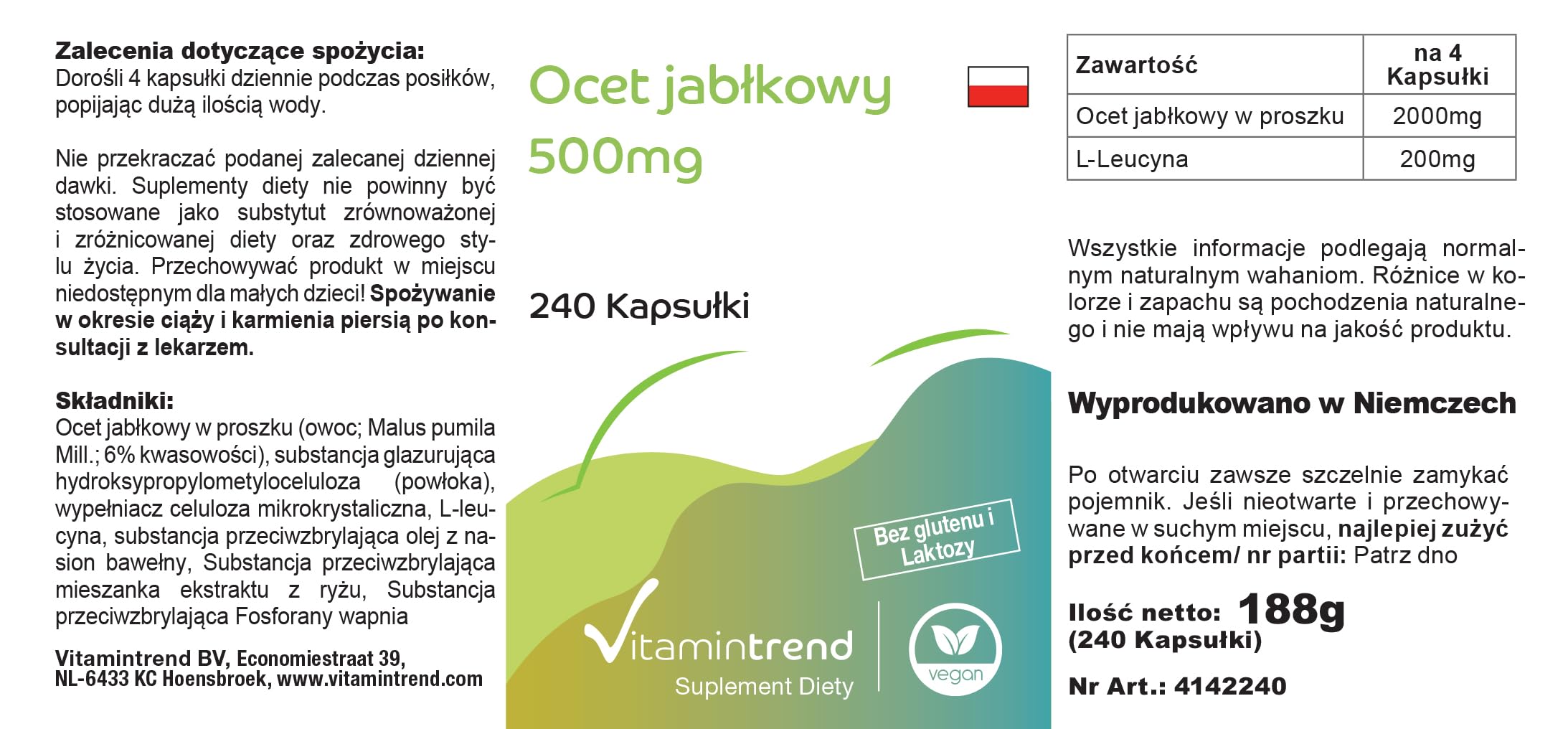 Vitamintrend Vinaigre de cidre 500 mg, 240 gélules, 2000 mg de poudre de vinaigre de cidre par dose quotidienne, complément alimentaire végan sans stéarate de magnésium, fabriqué en Allemagne