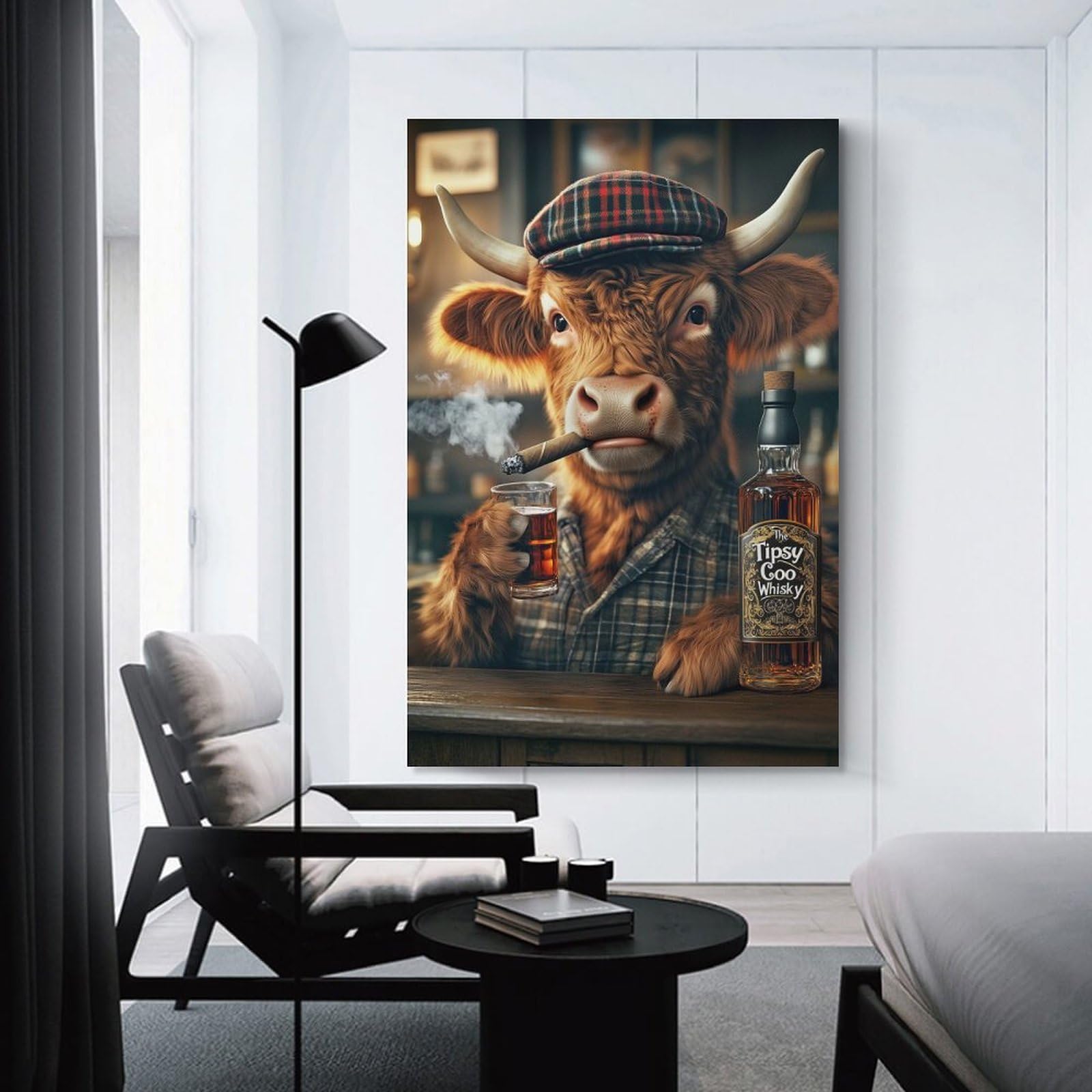 Junmoney Unframe-Style-19 Highland Cow In The Pub Room Decor Wall Art, 16X24inch(40X60cm), For Living Room, Bedroom, Office Or Hallway, Decorative Artwork With Broad Appeal