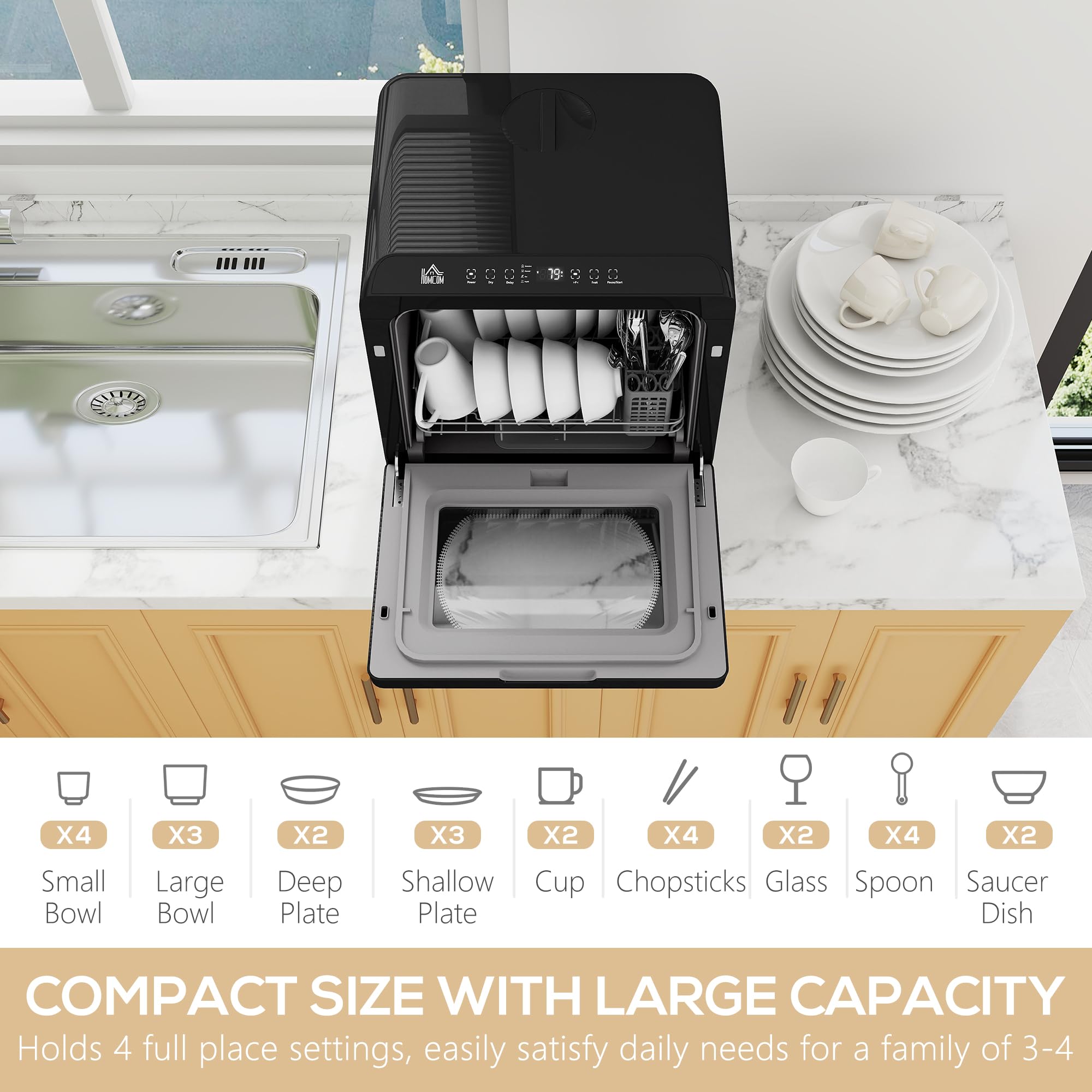 HOMCOM Table Top Dishwasher, Mini Countertop Dishwasher No Plumbing with Built-in 6L Water Tank, 6 Programs, Touch Control, LED Display, 4 Place Settings, Dual Water Supply and Fruit Wash, Black — view 3