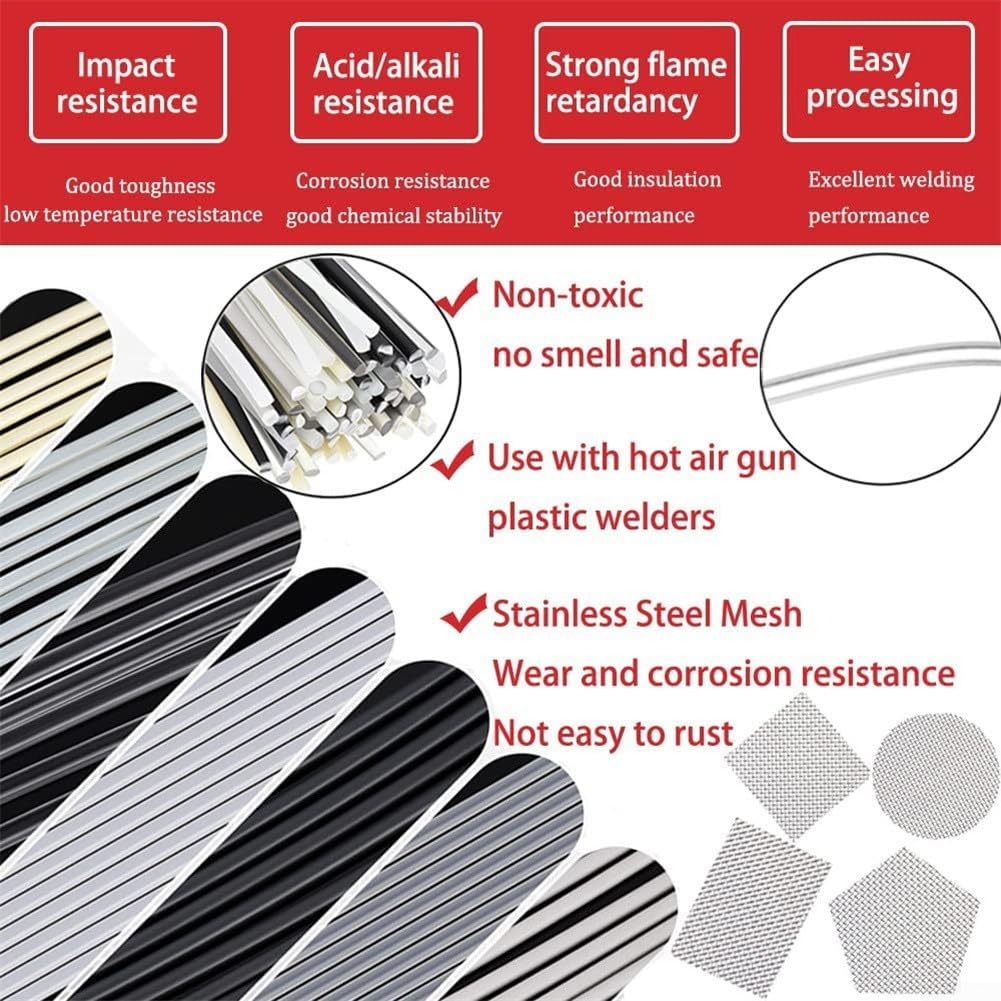 Set di 60 aste di saldatura in plastica per riparare paraurti, kayak, barche e altro ancora, include 7 tipi di canne, rete in acciaio inossidabile e carta vetrata