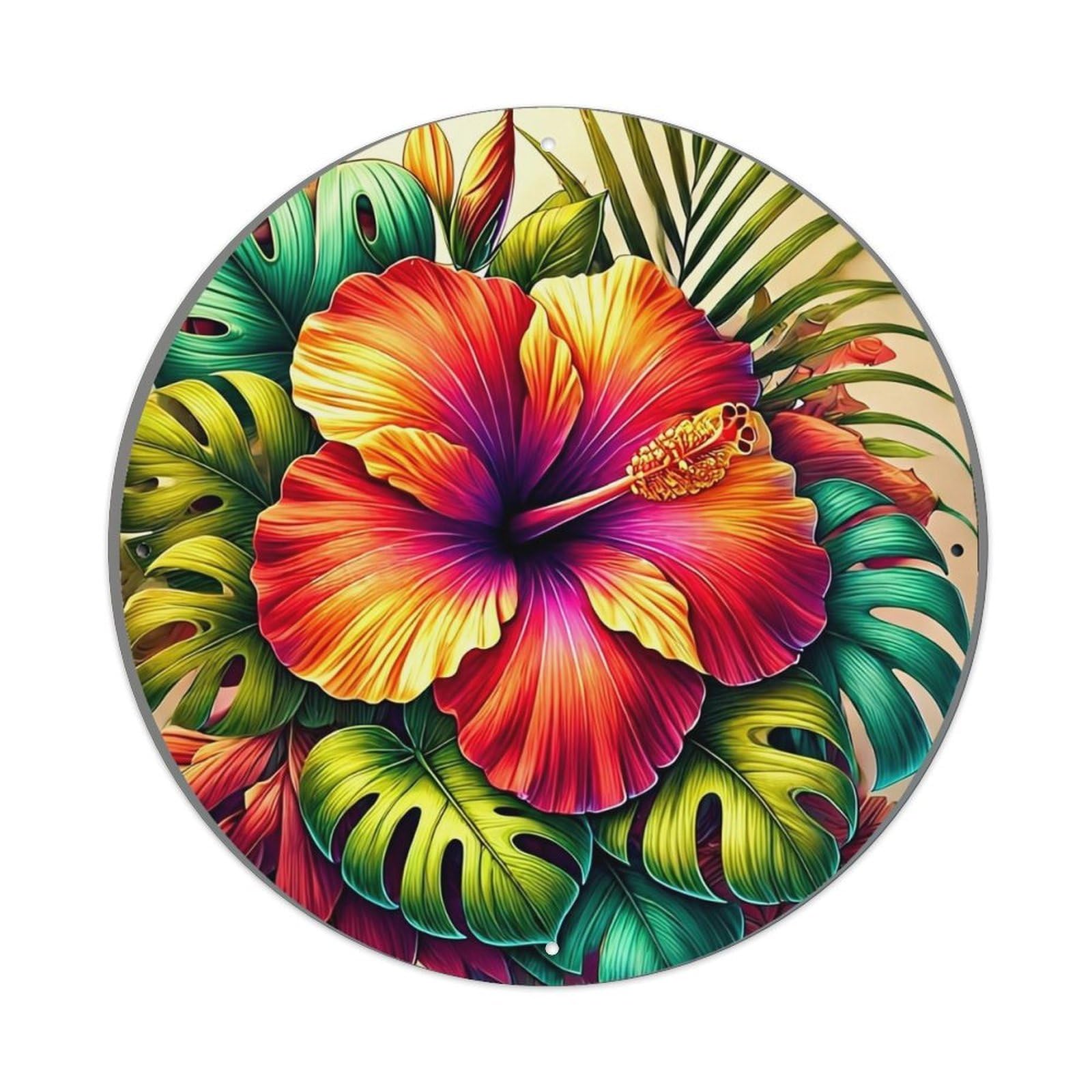 Tropical Flower Leaves Butterfly Pattern Round Metal Tin Sign Vintage Wall Decor, Bar Garage Cafe Kitchen Home Wall Art Poster 8x8inches