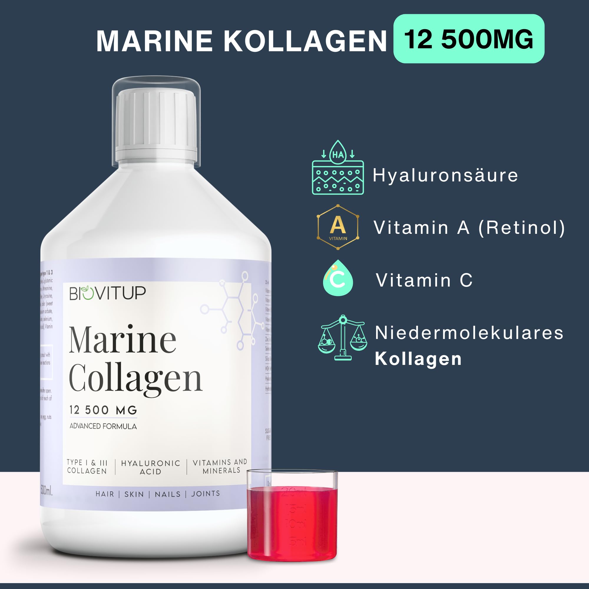Marine Collagen 12500 mg – Flüssiges Meereskollagen mit Vitamin C, Hyaluronsäure, Biotin & Zink – Premium Kollagen Drink für Haut, Haare & Nägel – 500 ml