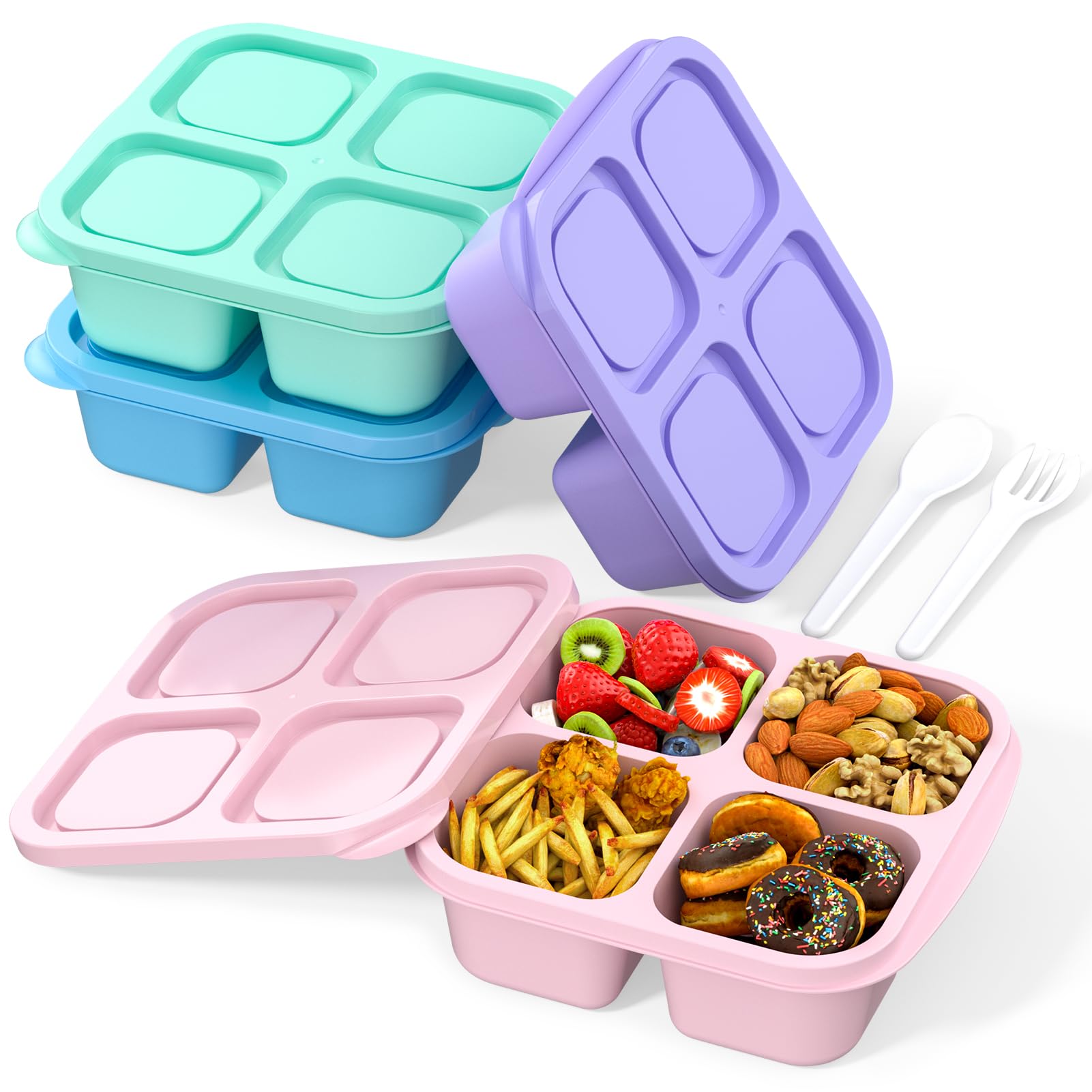 Bento Lunch Box for Kids (4 Pack) - 4-Compartment Salad Container for Lunch, Reusable BPA-Free Food Prep Containers, Snack Container for School, Work, and Travel (Solid Color)