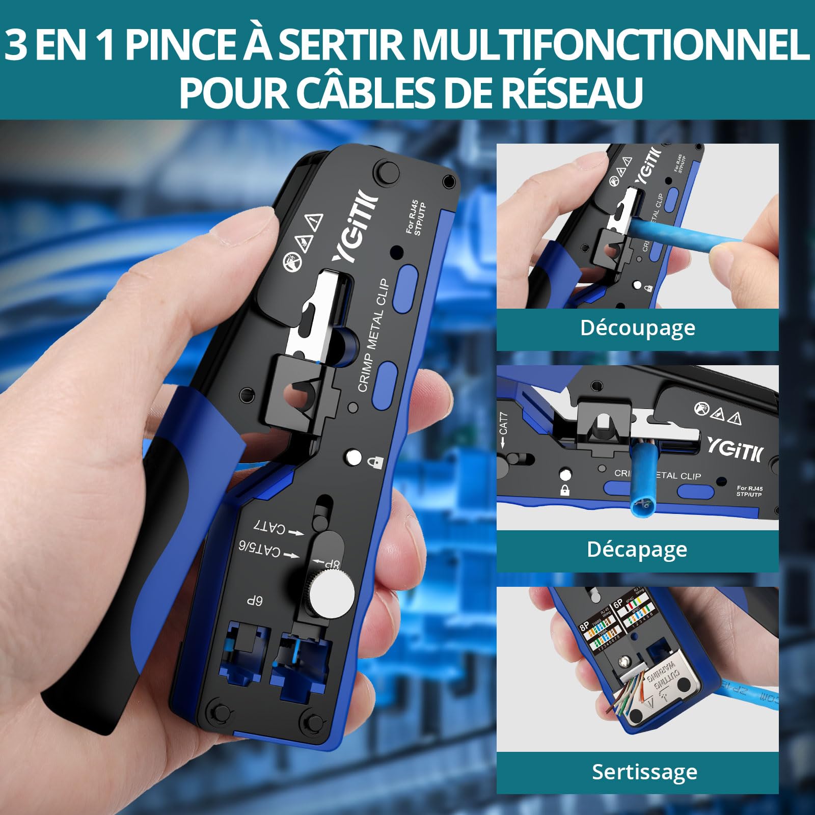 Pince à Sertir RJ45 Kit d'Outils de Sertissage RJ45 | Testeur de Câble Réseau avec Pince à Dénuder, CAT6 Tête en Cristal Plaqué Or, pour Connecteur Réseau CAT5/CAT6/CAT6A/CAT7